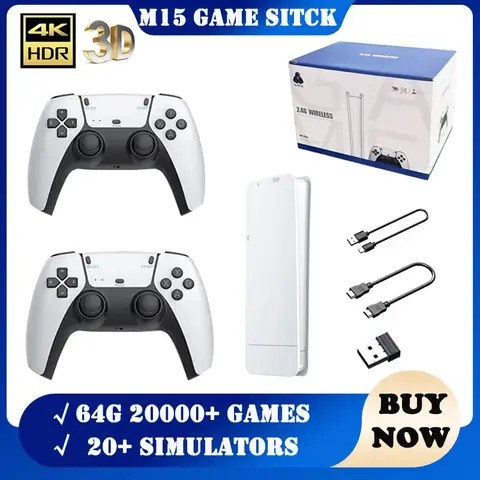 M15 게임 스틱 미니 TV 휴대용 게임 콘솔 무선 게임 패드 비디오 게임 64G 20000+ 레트로 게임 HD 출력 PS1 등을위한 2 인용
