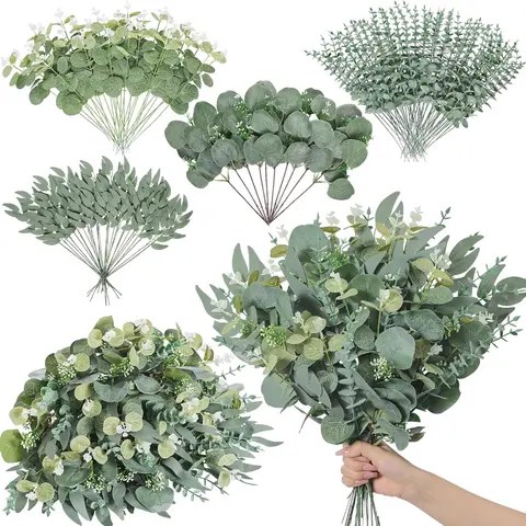 20pcs 인공 혼합 유칼립투스 잎 줄기 실버 달러 잎 DIY 부케 꽃꽂이 홈 장식 결혼식
