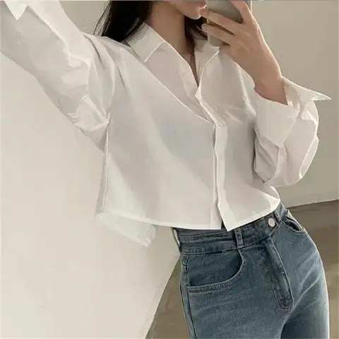 봄 새 캐주얼 긴 소매 여성 흰색 셔츠 한국 스타일 솔리드 버튼 분할 여성 자르기 탑 블라우스 파티 의류
