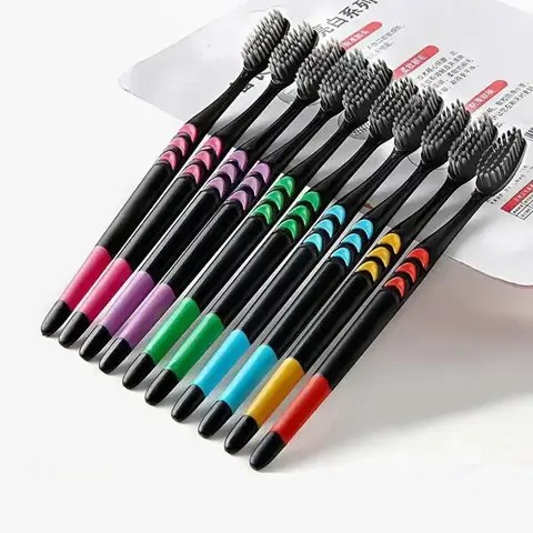 10 조각 포장 부드러운 강모 대나무 숯 검은 머리 초극세 미용 칫솔 커플 정장 구강 청소 도구