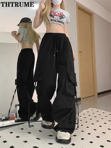 레트로 빈티지 하이 스트리트 헐렁한 바지 패션 여성 대형 Drawstring 포켓 새 바지 캐주얼 streetwear 느슨한 조깅 바지
