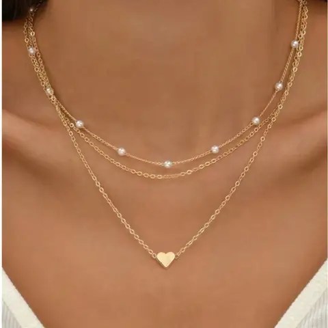 FTCY 3pcs 여성 진주 목걸이 세트 14K 골드 패션 러브 하트 펜던트 방수 저자 극성 쇄골 목 체인 쥬얼리