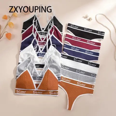 ZXYOUPING 코튼 브래지어와 팬티 여성용 세트 V 모양의 삼각형 컵 무선 브래지어 섹시한 비키니 팬티 스포츠 언더 와이어 브래지어 언더 와이어 없음