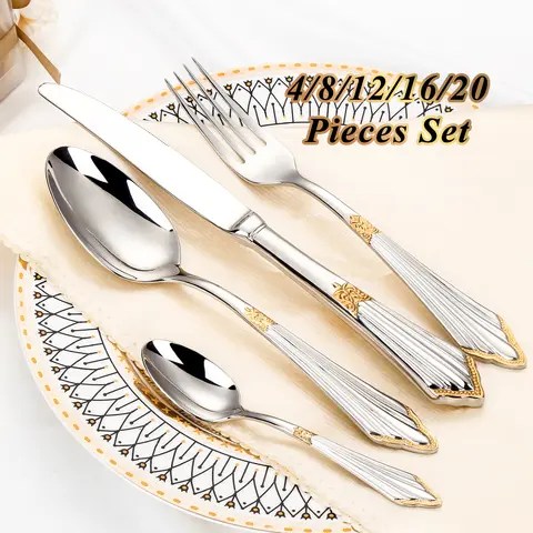 4/8/12/16/20 조각 골드 도금 럭셔리은 제품 Flatware 식기 세척기 안전 18/10 스테인레스 스틸 칼 붙이 홈 결혼식을위한 설정