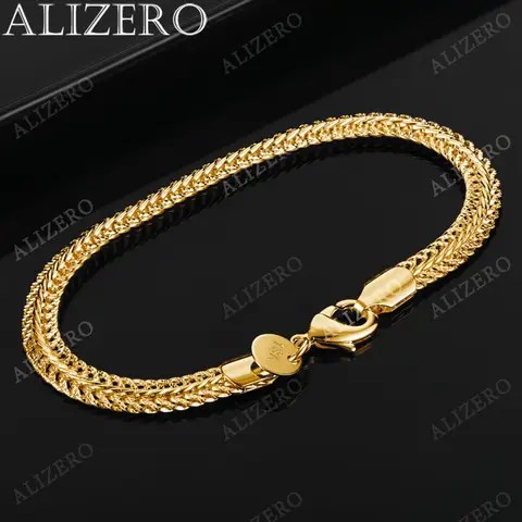 ALIZERO 925 스털링 실버 18K 골드 6mm 여성을위한 측면 체인 팔찌 남성 결혼식 연회 파티 선물 패션 쥬얼리