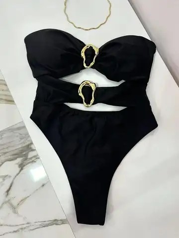 3 색 섹시한 금속 반지 컷 아웃 여성 수영복 원피스 수영복 여성 Bandeau 높은 다리 컷 Bather 수영복 수영 B022D
