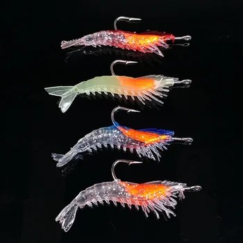 야광 시뮬레이션 새우 소프트 미끼, 인공 소프트 리그 낚시 루어, 농어 바다 낚시 태클, 4 개/백, 6cm, 3g 
