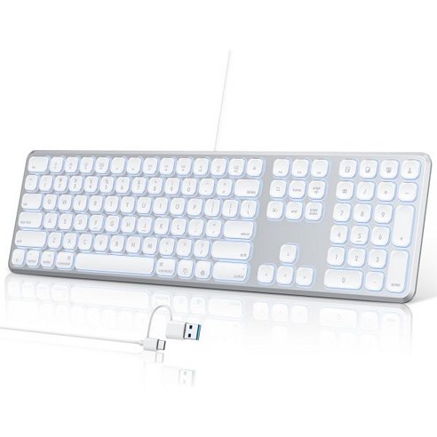 TECURS USB 유선 키보드 Mac용 LED 백라이트 110 키 숫자 키패드가 있는 풀 사이즈 컴퓨터 Apple iMac용 슬림 사일런트 오피스 MacBook Pro Air, 1개