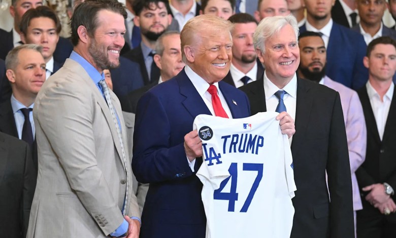 Clayton Kershaw presents President Donald Trump with Dodgers No. 47 jersey at team White House visit Clayton Kershaw presents President Donald Trump with Dodgers No. 47 jersey at team White House visit