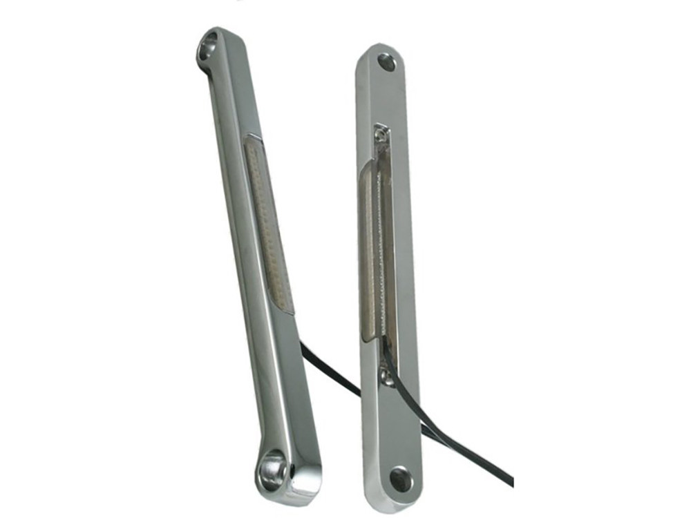 Alloy Art Front Indicator Turn Signal Strips with Clear Lens & Amber LED’s – Chrome. Fits FLST 1990-2017.