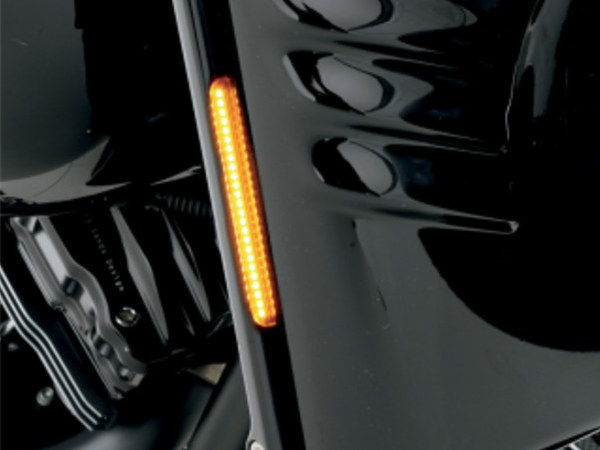 Alloy Art Front Indicator Turn Signal Strips with Smoked Lens & Amber LED’s – Black. Fits FLST 1990-2017.
