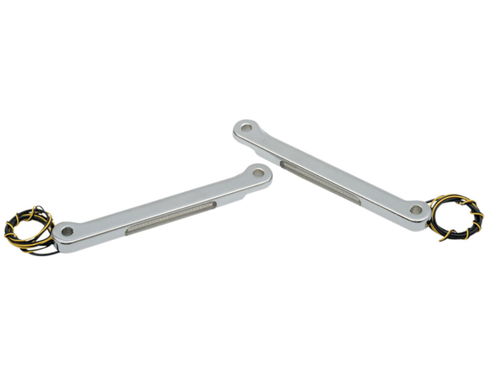 Alloy Art Front Indicator Turn Signal Strips with Clear Lens & Amber LED’s – Chrome. Fits Road King 1994up.