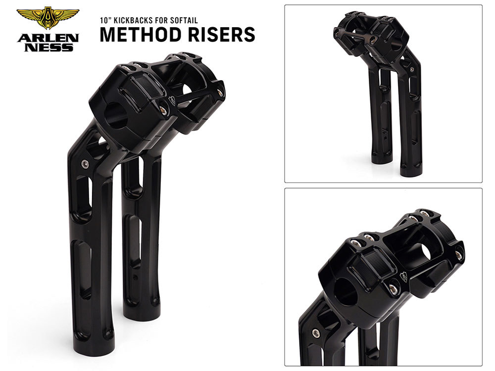 Arlen Ness 10in. Method Kickback Risers – Black. Fits Softail Street Bob, Low Rider ST, Standard & Breakout 2018-2024