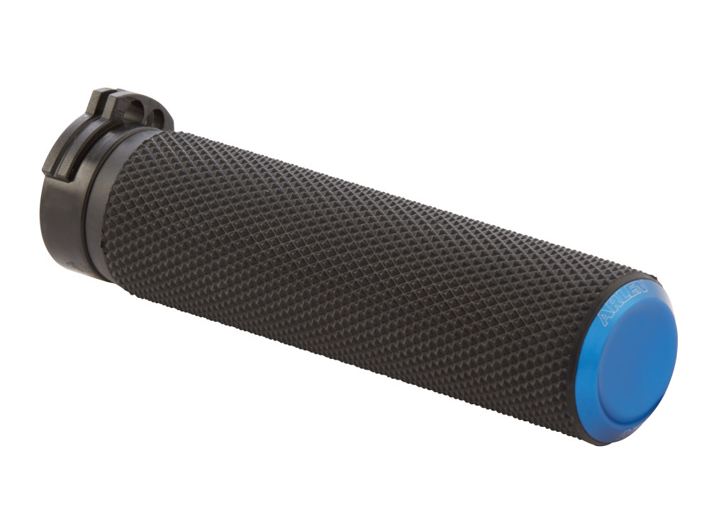 Arlen Ness Knurled Fusion Handrips – Blue. Fits H-D with Throttle Cable.