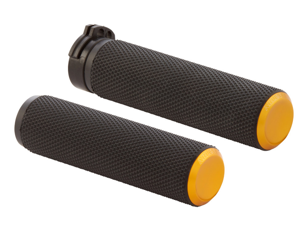 Arlen Ness Knurled Fusion Handgrips – Gold. Fits H-D with Throttle Cable.
