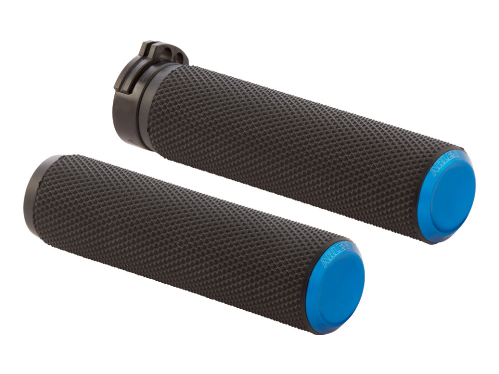 Arlen Ness Knurled Fusion Handgrips – Blue. Fits Big Twin 2008-2024 with Throttle-by-Wire