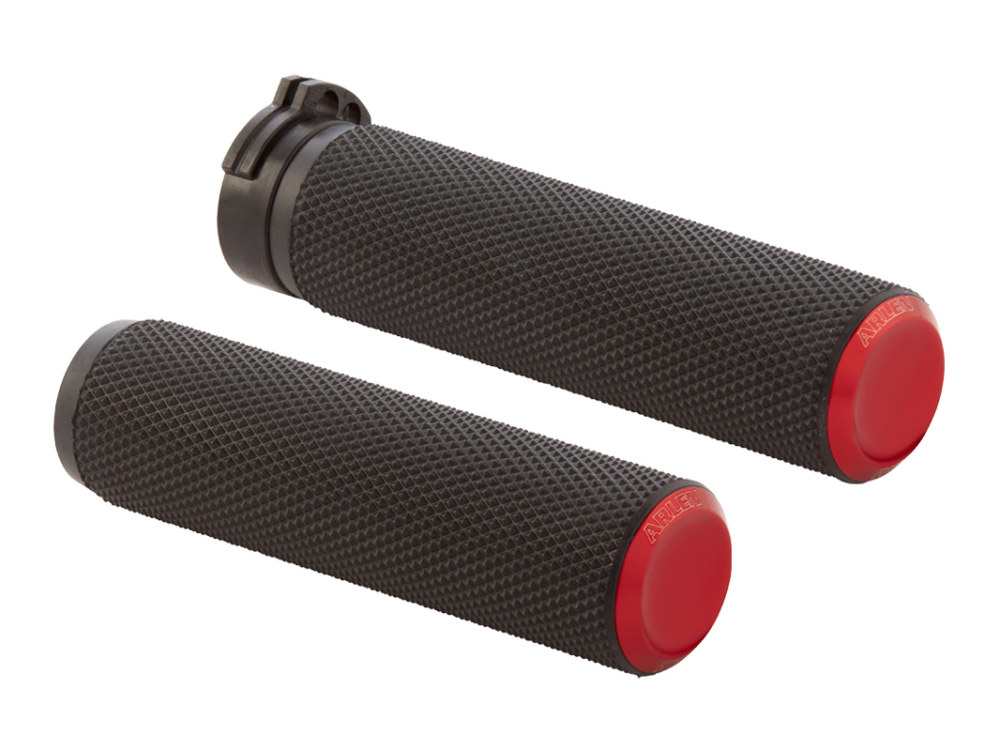 Arlen Ness Knurled Fusion Handgrips – Red. Fits Big Twin 2008-2024 with Throttle-by-Wire