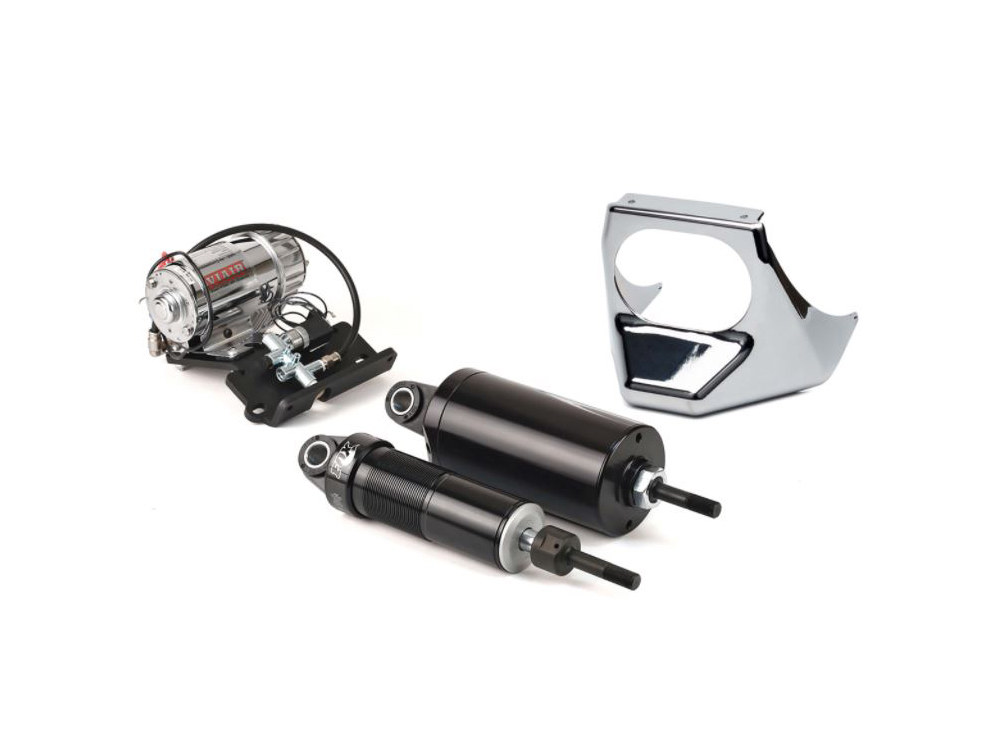 Arnott Motorcycle Air Suspension Rear Air Shock Absorbers – Black with Chrome Handlebar Switch. Fits Softail 2001-2017.