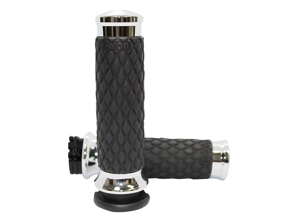 Avon Grips Diamond Contour Handgrips – Chrome. Fits H-D with Throttle Cable