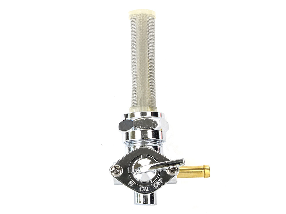 Rollies Speed Shop Fuel Tap / Petcock with 22mm Thread, 5/16in. Backward Facing Fuel Outlet – Chrome. Fits Softail 1984-2006, Dyna 1991-2006, FXR 1982-1994, Touring 1988-2006, Sportster 1975-2006 & 4Spd Big Twin 1975-1986