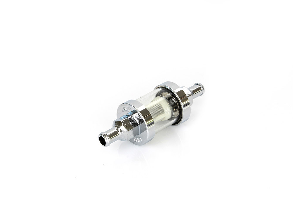 Rollies Speed Shop Short See-Flow Glass Inline Fuel Filter with 5/16in. Hose Fitting – Chrome.