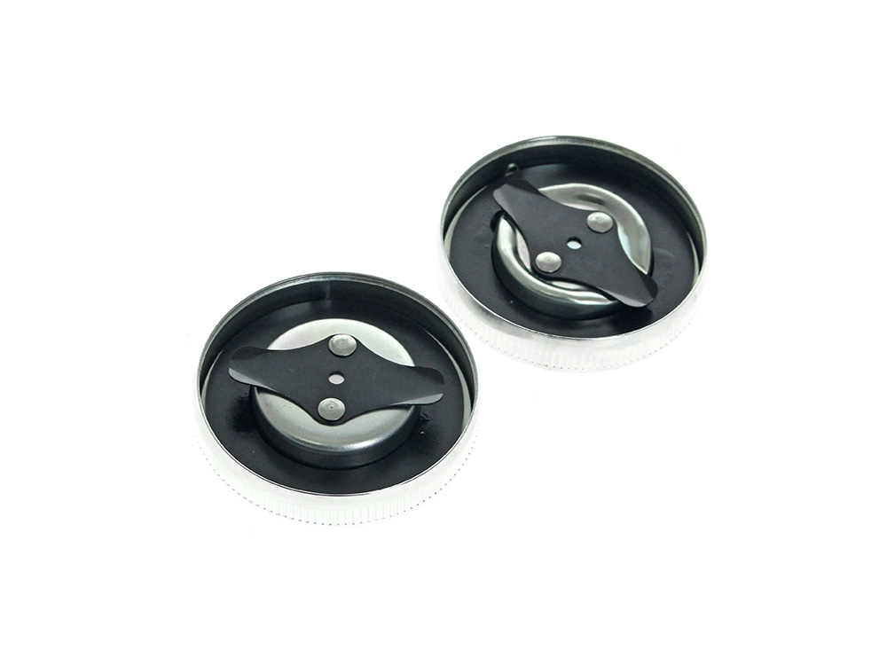 Rollies Speed Shop Early Style Fat Bob Fuel Caps – Chrome. Fits Big Twin 1936-1973 & Sportster 1958-1973.