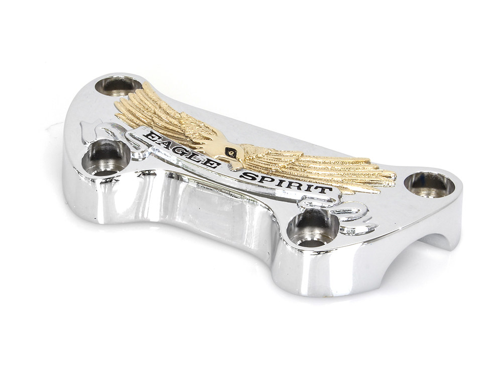 Rollies Speed Shop Eagle Spirit Logo Handlebar Top Clamp – Chrome & Gold. Fits HD Big Twin 1974up & Sportster 1974-2021.