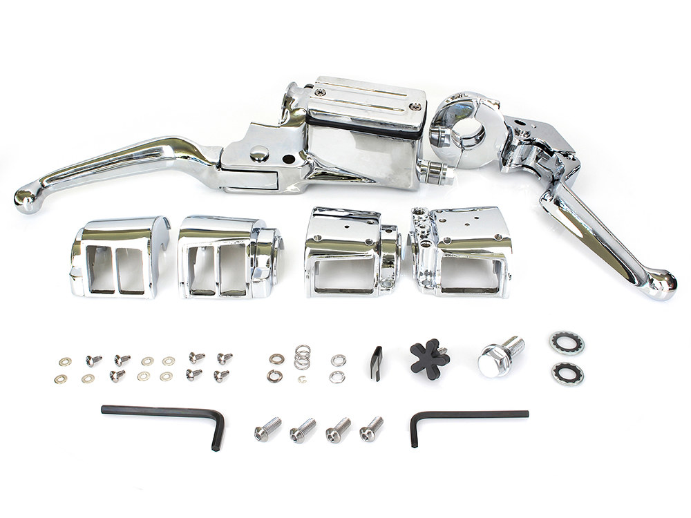 Rollies Speed Shop Handlebar Control Kit – Chrome. Fits Big Twin & Sportster 1982-1995 Models with Dual Disc Rotors.