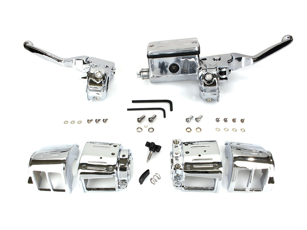 Rollies Speed Shop Handlebar Control Kit – Chrome. Fits Big Twin & Sportster 1982-1995 Models with Single Disc Rotors.
