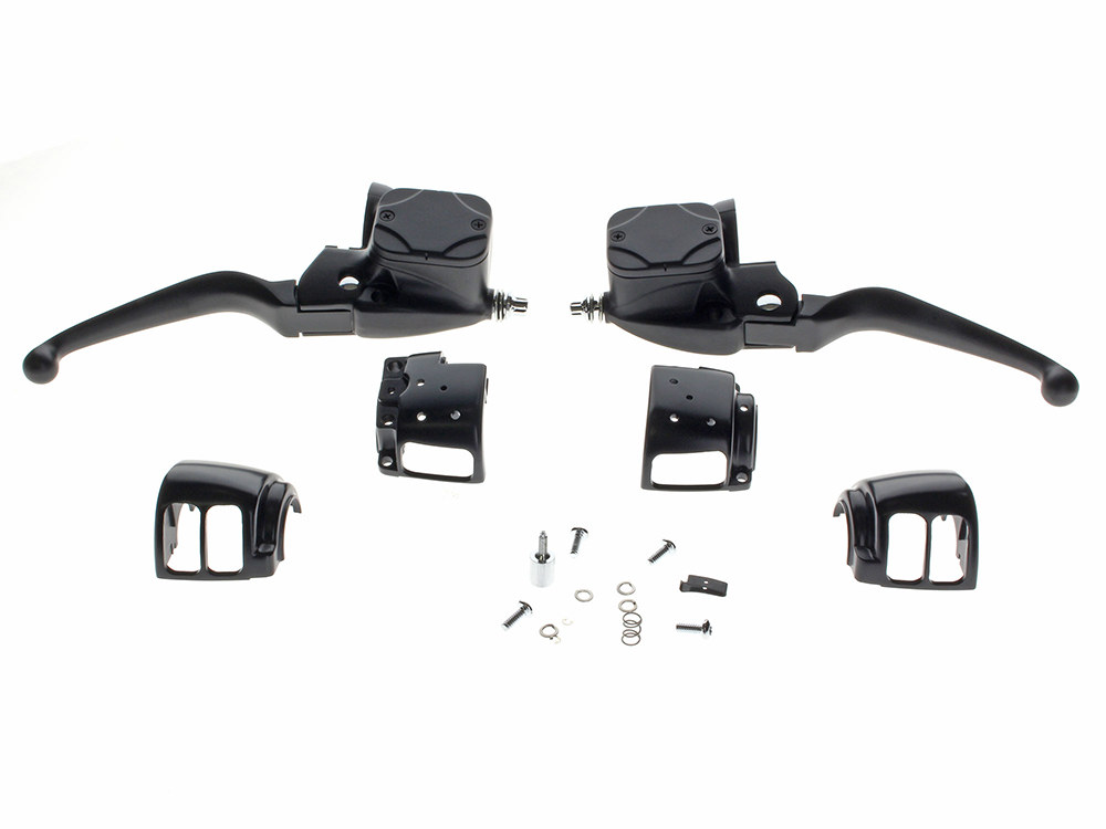 Rollies Speed Shop Handlebar Control Kit with Hydraulic Clutch – Black. Fits Big Twin 1996-2010 with Single Disc Rotor.