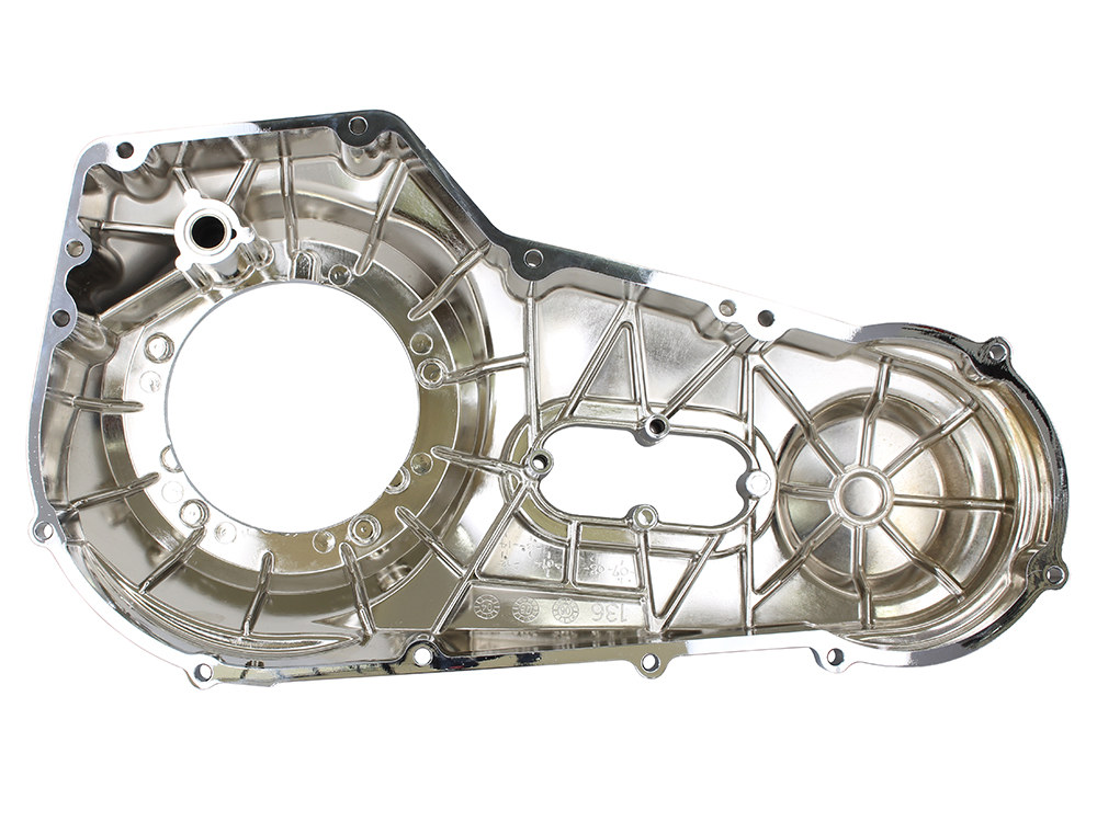 Rollies Speed Shop Outer Primary Cover – Chrome. Fits Softail 1999-2006 & Dyna 1999-2005.