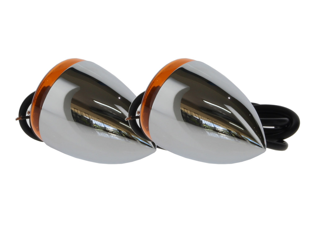 Rollies Speed Shop Bullet Turn Signal Kit with Amber Lens – Chrome. Fits Softail 2000-2017, Dyna 1991-2017 & Sportster 1990-2003.