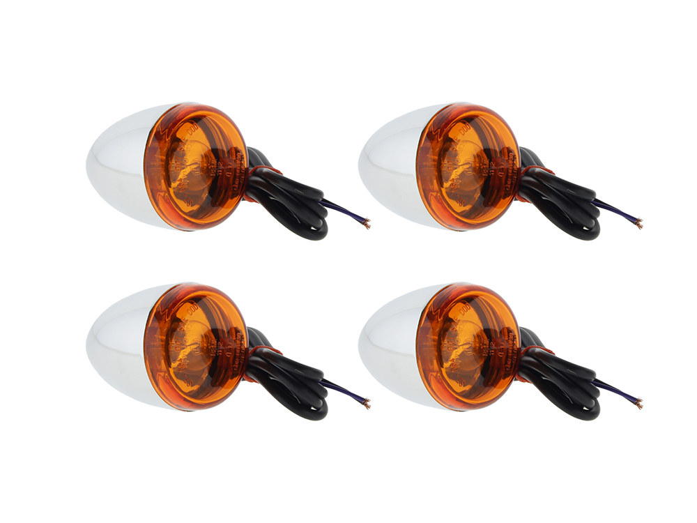 Rollies Speed Shop Bullet Turn Signal Kit with Amber Lens – Chrome. Fits Softail 2000-2017, Dyna 1991-2017 & Sportster 1990-2003.