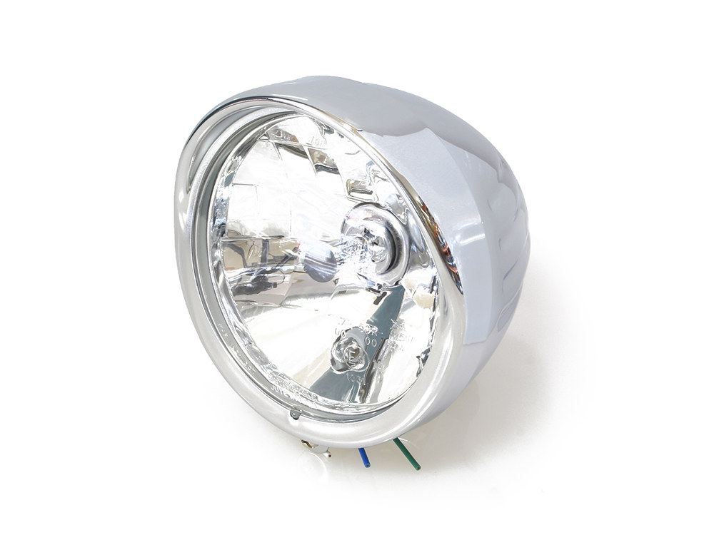 Rollies Speed Shop 5-3/4in. Headlight with Ball Milled Shell & Peaked Visor with Bottom Mount – Chrome.