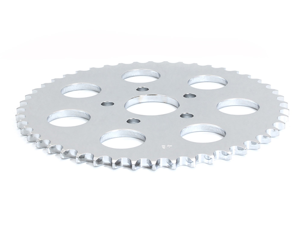 Rollies Speed Shop 48 Tooth, Flat Steel Rear Chain Sprocket – Chrome. Fits Big Twin 1973-1999 & Sportster 1979-1999.