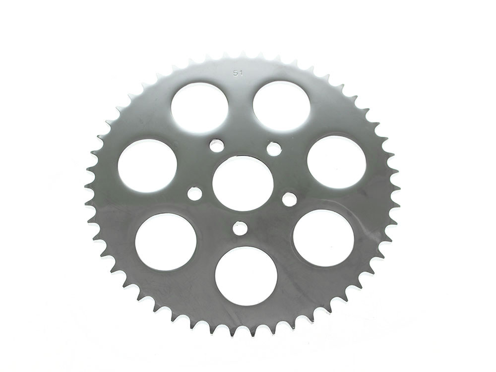 Rollies Speed Shop 51 Tooth, Flat Steel Rear Chain Sprocket – Chrome. Fits Big Twin 1973-1999 & Sportster 1979-1999.