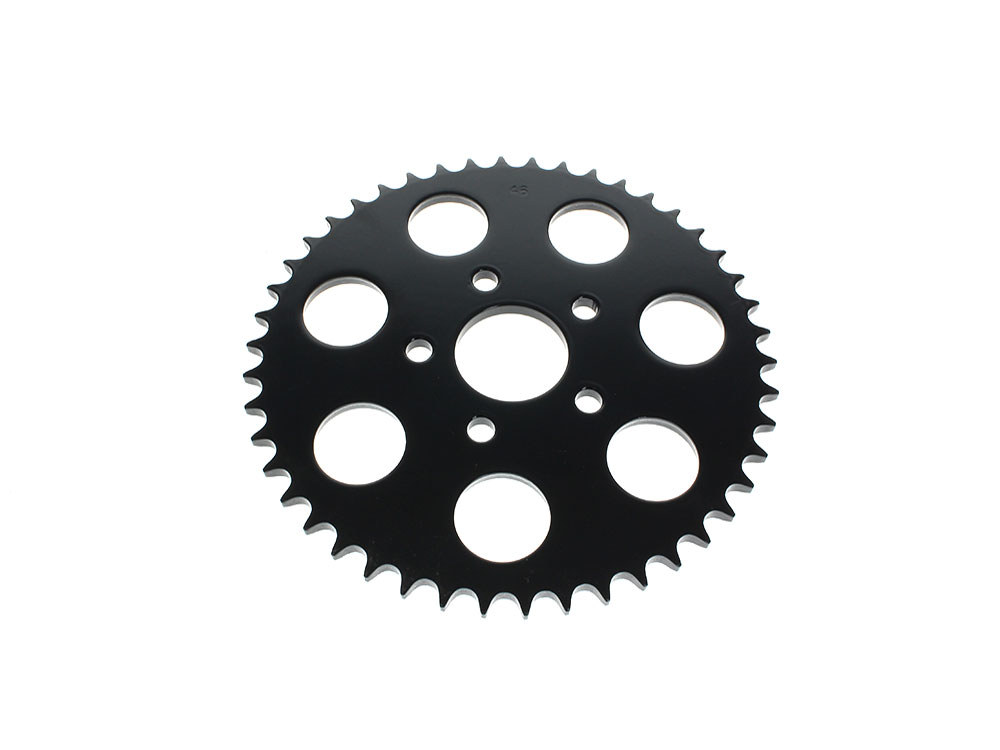 Rollies Speed Shop 46 Tooth, Flat Steel Rear Chain Sprocket – Gloss Black. Fits Big Twin 1973-1999 & Sportster 1979-1999.
