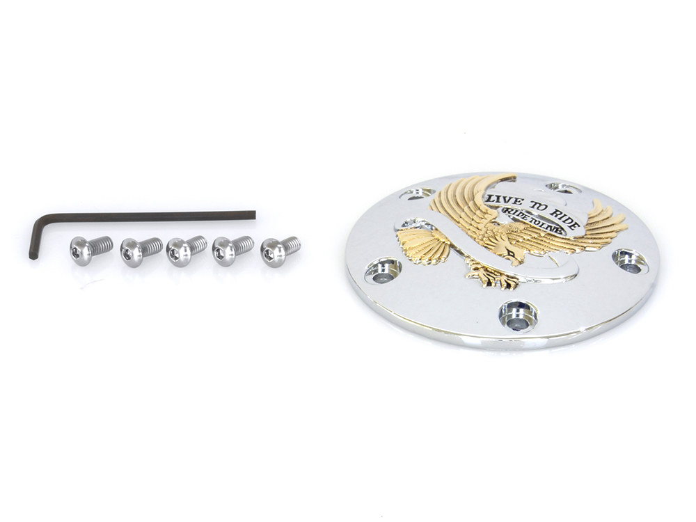 Rollies Speed Shop Live to Ride Points Cover – Chrome & Gold. Fits Twin Cam 1999-2017.