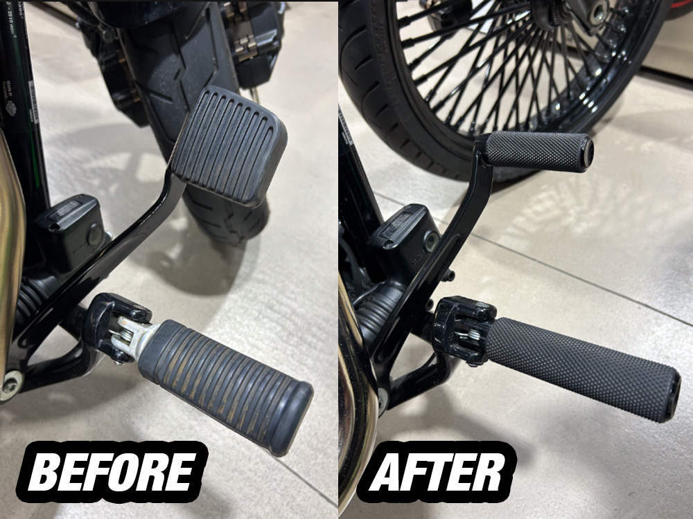 Rollies Speed Shop Brake Arm – Black. Fits Softail 2018up with Stock Style Forward Controls. Accepts Traditional HD Style Shift Peg.