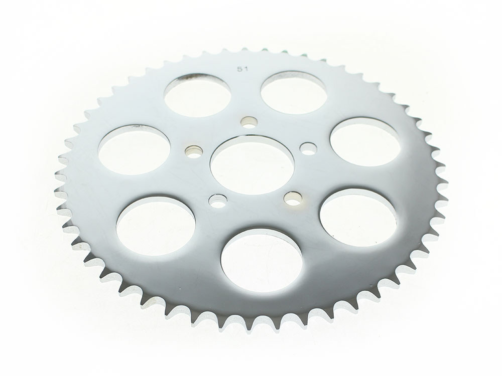 Rollies Speed Shop 51 Tooth, Flat Steel Rear Chain Sprocket – Chrome. Fits Big Twin 2000up & Sportster 2000-2021.