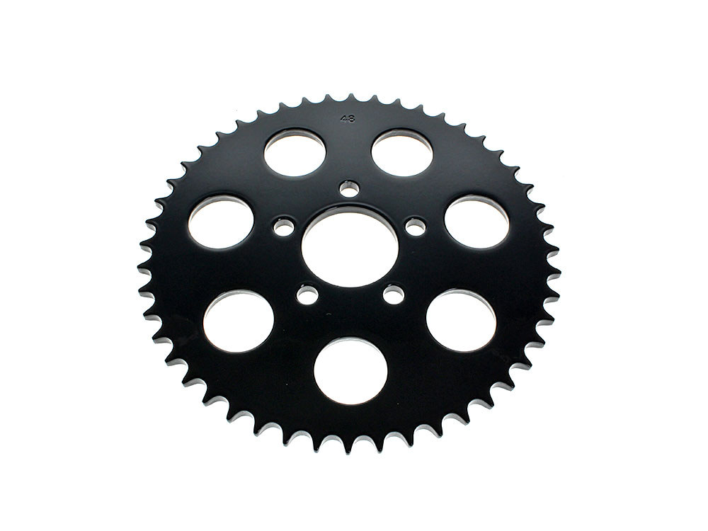 Rollies Speed Shop 48 Tooth, Flat Steel Rear Chain Sprocket – Gloss Black. Fits Big Twin 2000up & Sportster 2000-2021.