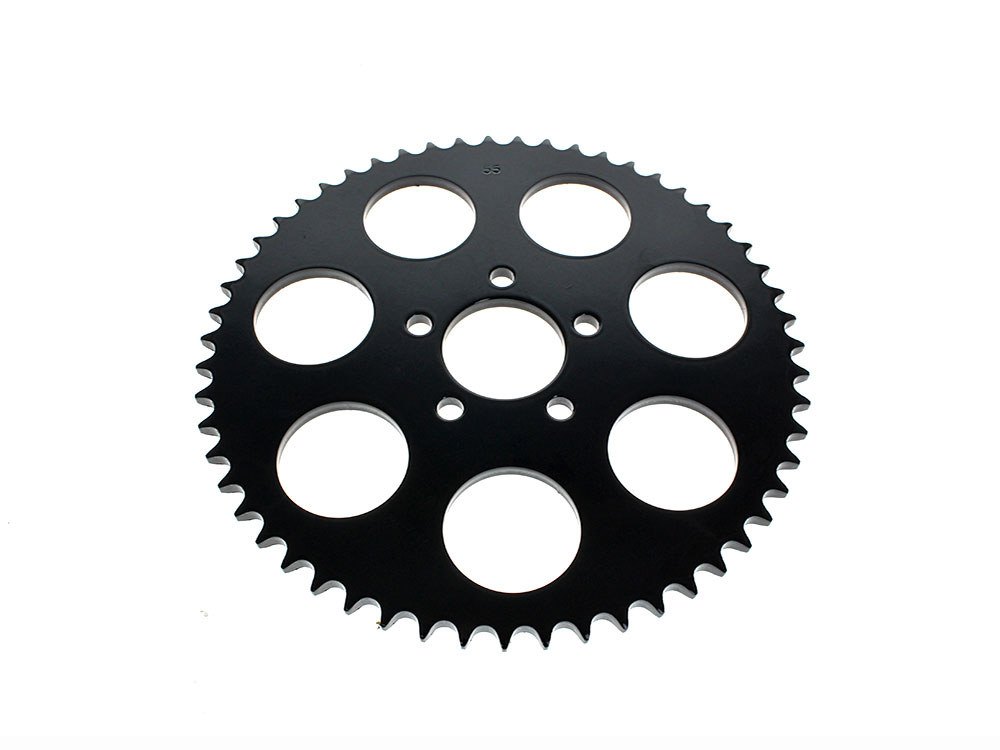 Rollies Speed Shop 55 Tooth, Flat Steel Rear Chain Sprocket – Gloss Black. Fits Big Twin 2000up & Sportster 2000-2021.