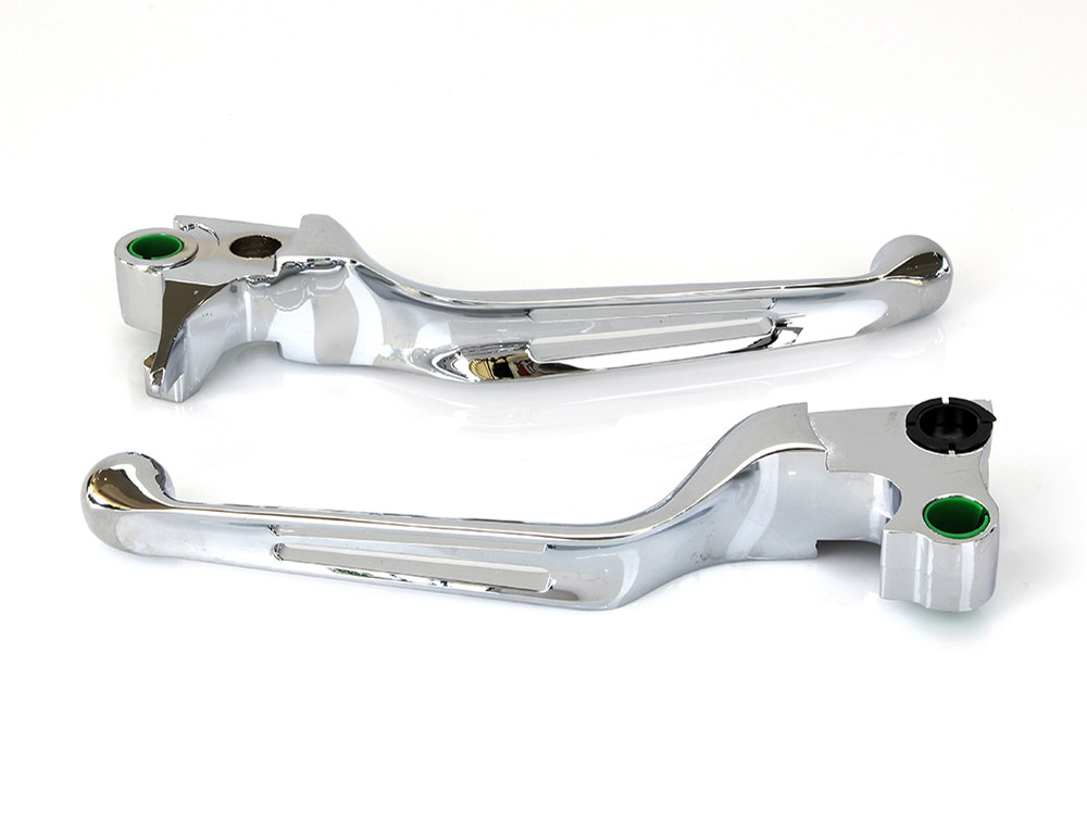 Rollies Speed Shop 2 Slot Hand Levers – Chrome. Fits Softail 1996-2014, Dyna 1996-2017, Touring 1996-2007 & Sportster 1996-2003.