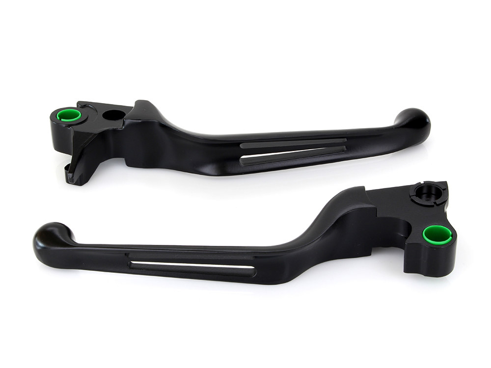 Rollies Speed Shop 2 Slot Hand Levers – Black. Fits Softail 1996-2014, Dyna 1996-2017, Touring 1996-2007 & Sportster 1996-2003.