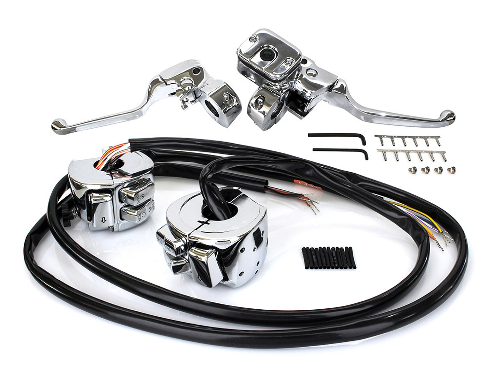 Rollies Speed Shop Handlebar Control Kit – Chrome. Fits Big Twin & Sportster 1996-2006 Models with Front Single Disc Rotor.