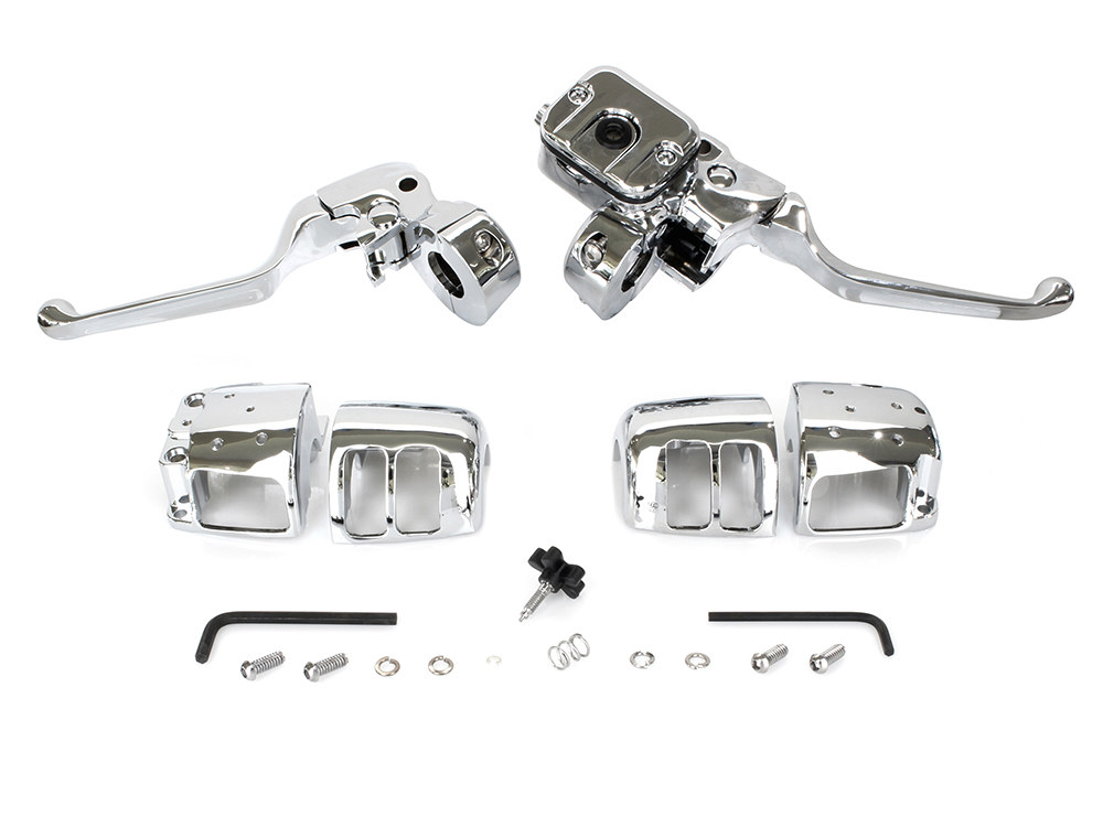 Rollies Speed Shop Handlebar Control Kit – Chrome. Fits Big Twin 1996-2010 & Sportster 1996-2003 with Single Disc Front Brake. 