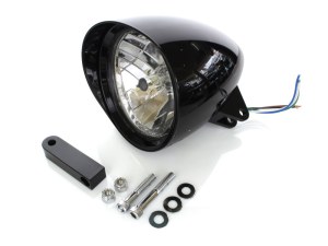 Rollies Speed Shop 5-3/4in. Billet Headlight with Visor & Extended Mount – Gloss Black. Rollies Speed Shop 5-3/4in. Billet Headlight with Visor & Extended Mount – Gloss Black.