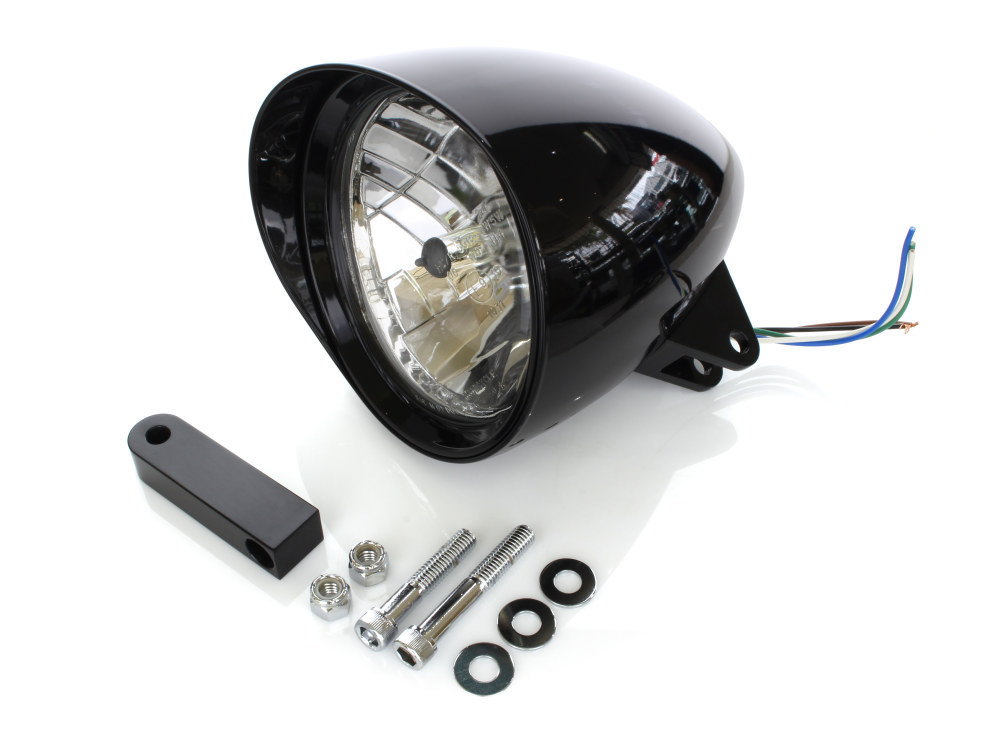 Rollies Speed Shop 5-3/4in. Billet Headlight with Visor & Extended Mount – Gloss Black. 