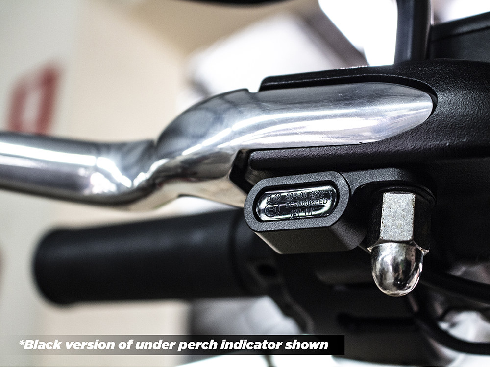 Rollies Speed Shop Under Perch Turn Signals – Chrome. Fits Softail S 2016-2017, V-Rod 2009-2017 & Touring 2009-2020 Models with Hydraulic Clutch.