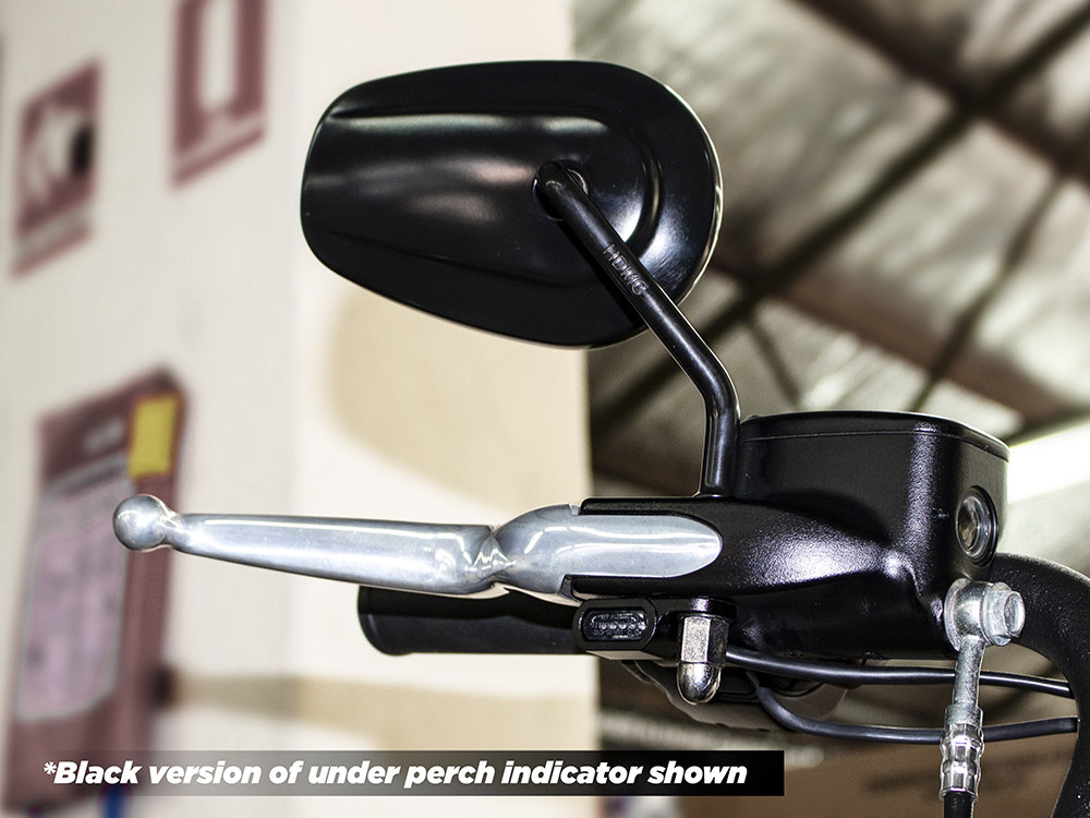 Rollies Speed Shop Under Perch Turn Signals – Chrome. Fits Softail S 2016-2017, V-Rod 2009-2017 & Touring 2009-2020 Models with Hydraulic Clutch.